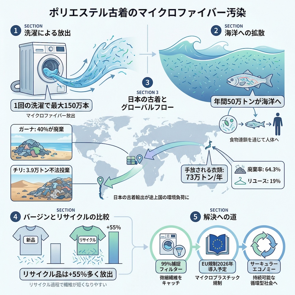 ポリエステル古着のマイクロファーバー汚染の図解